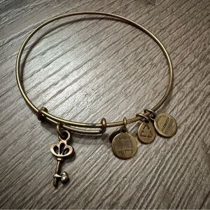 Alex and Ani Antique Gold Skeleton Key w/ Crystal Charm Bangle Bracelet